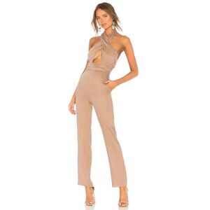 LPA Halter Jumpsuit Size XS Khaki Brown Ruched Revolve Criss Cross Wrap Linen